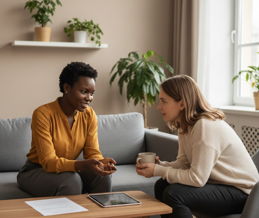 Parent and therapist discussing notes in a living room setting