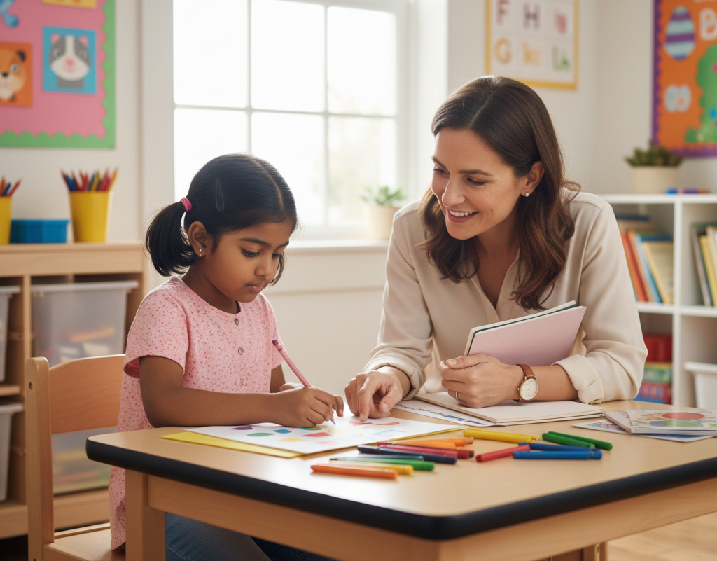 Young girl drawing with crayons at a school desk