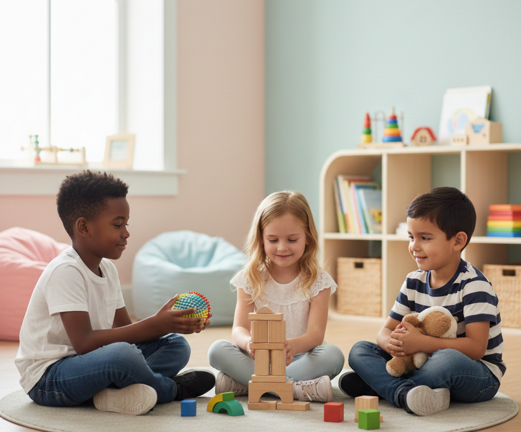 Group of diverse children playing together in a circle